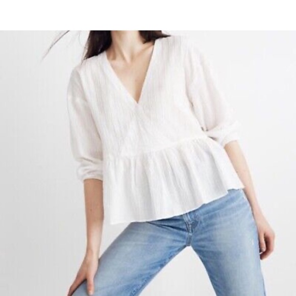 Madewell White Pink Metallic Striped Peplum Top Medium - Picture 2 of 10